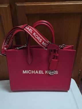 Michael Kors Mirella Pebbled Leather Tote with Logo Guitar Strap
